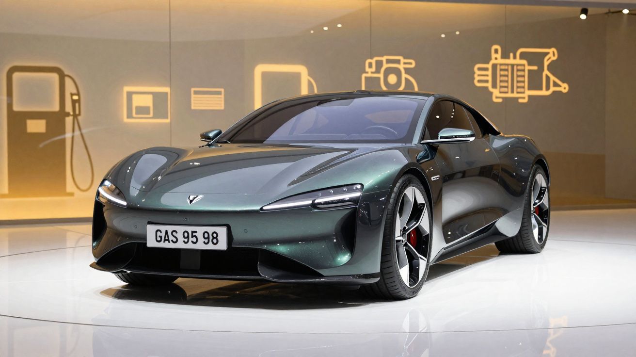 Carro elétrico desportivo cinza-escuro exibido em stand com ícones luminosos de tecnologia ao fundo.