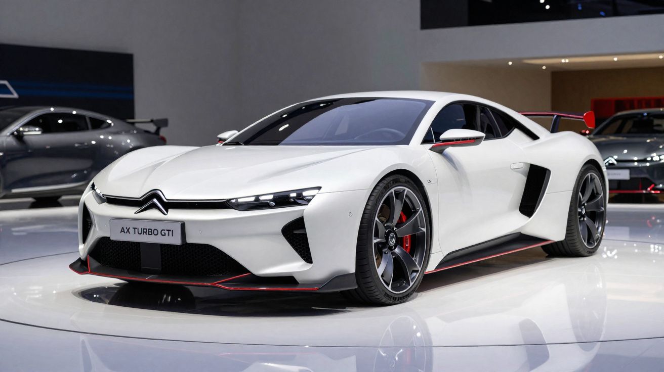 Carro desportivo Citroën AX Turbo GTI branco num salão de automóveis moderno.