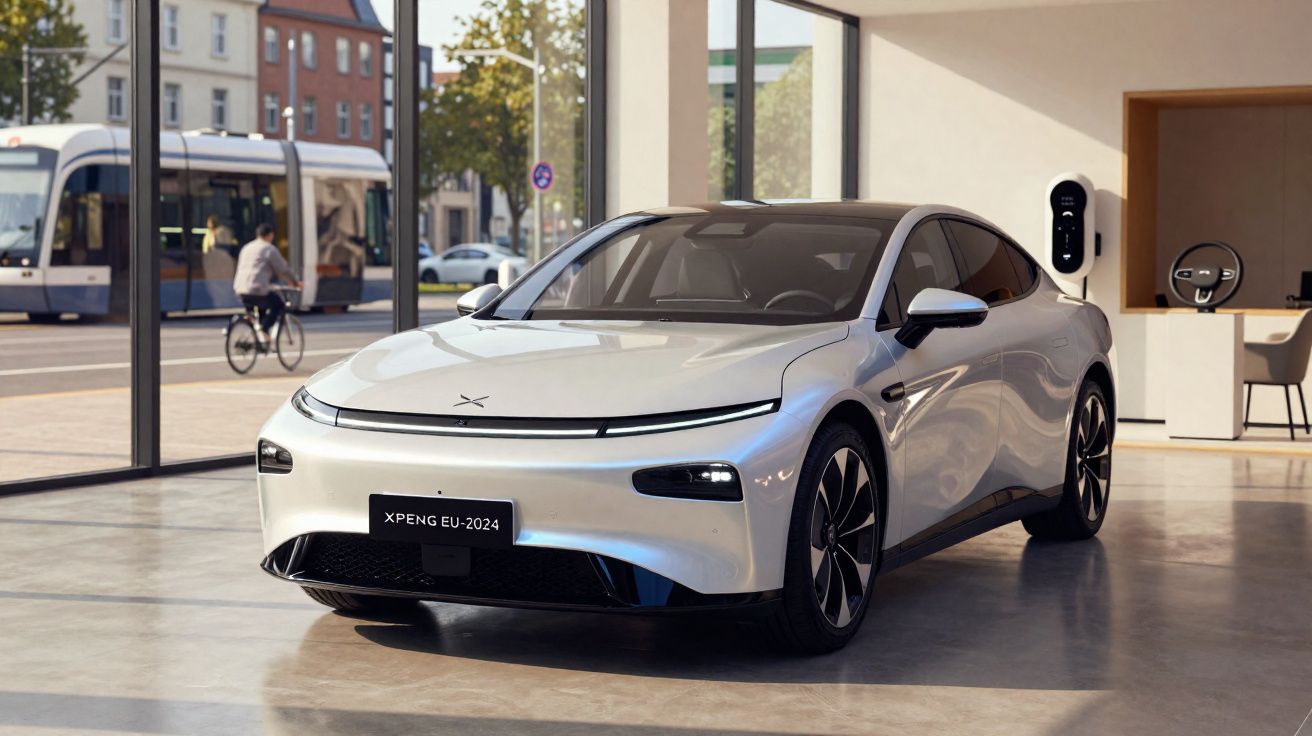 Carro elétrico branco XPeng EU-2024 em showroom moderno com carregador ligado na porta lateral.