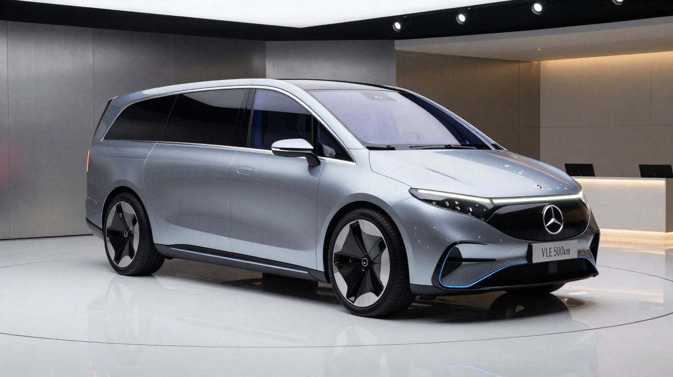 Monovolume elétrico Mercedes-Benz VLE 500 km prateado exibido em showroom moderno.