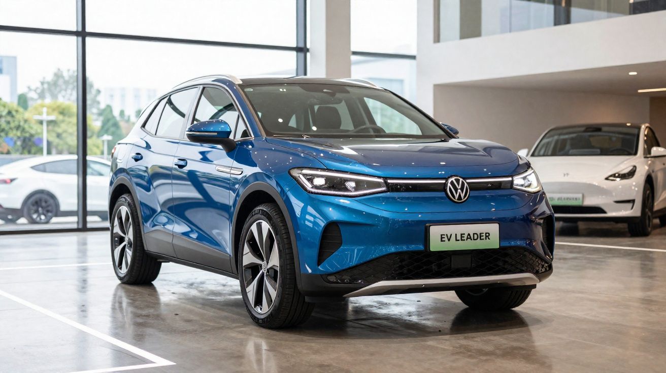 Carro elétrico Volkswagen EV Leader azul exposto em showroom moderno com vidro panorâmico.