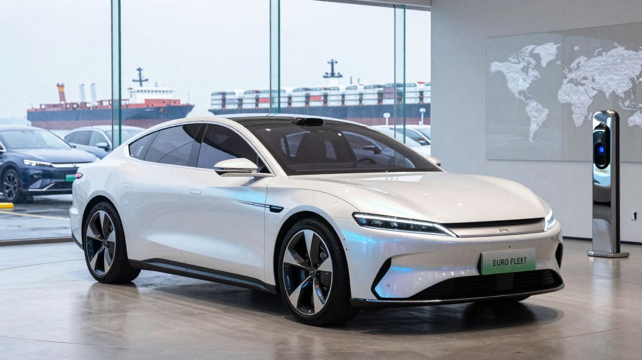 Carro elétrico moderno branco numa loja com grandes janelas e canais marítimos ao fundo.