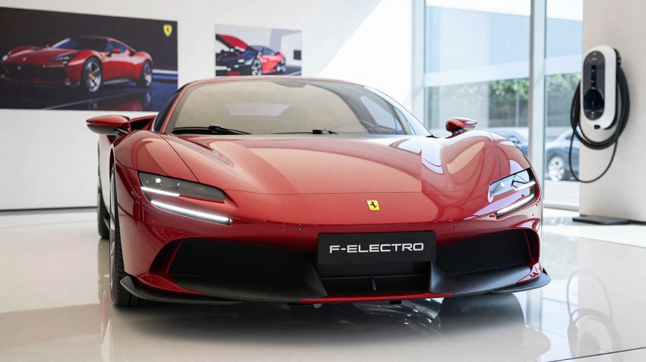 Ferrari F-Electro vermelho exposto num showroom com estação de carregamento elétrica ao lado.
