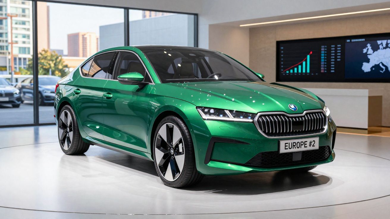 Carro elétrico sedan verde com matrículas "EUROPE #2" em exposição num espaço moderno.