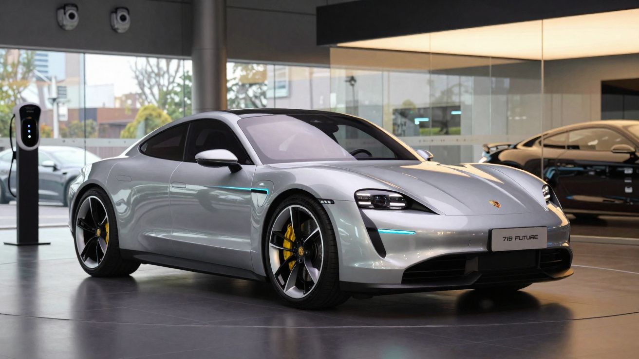 Carro elétrico desportivo prata estacionado em show-room junto a posto de carregamento.