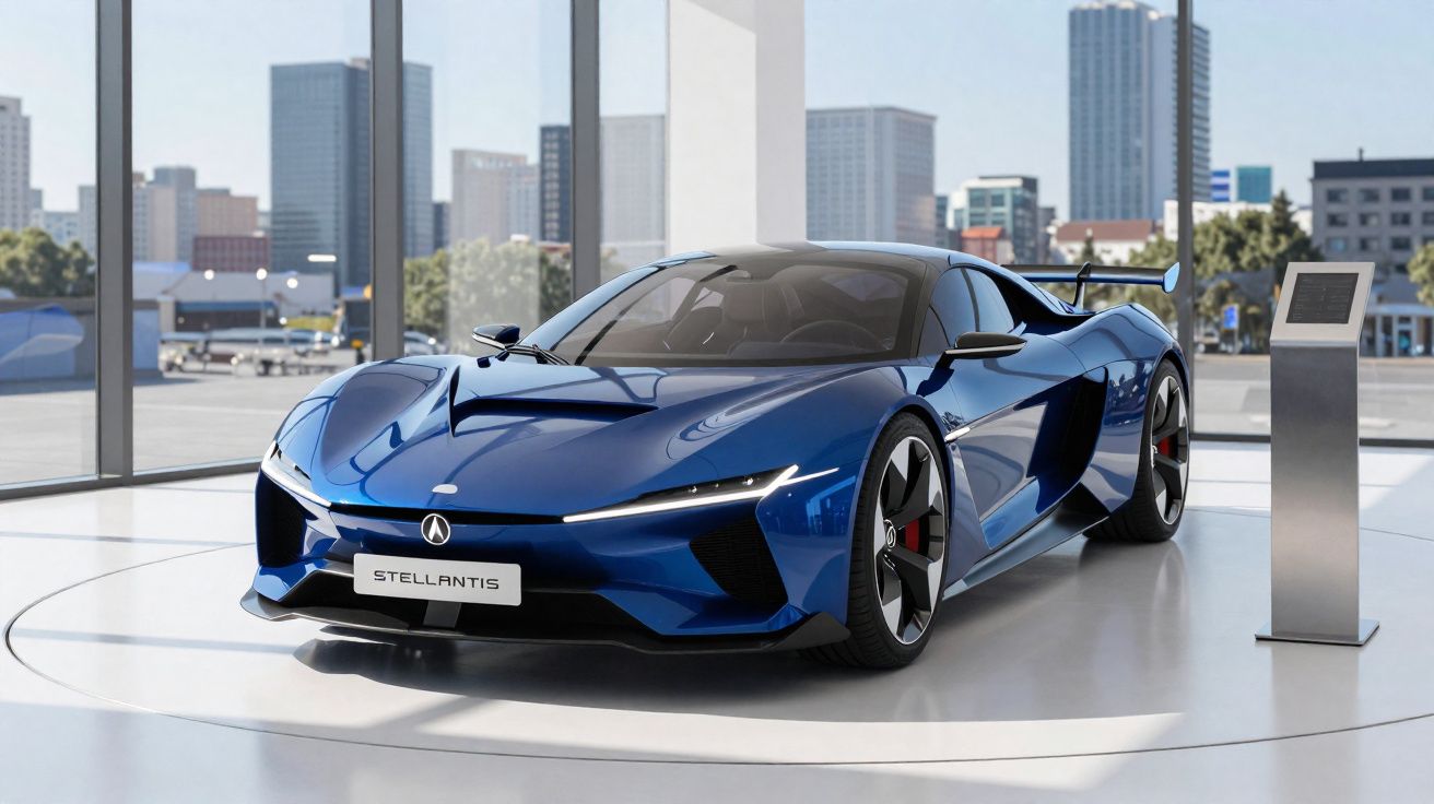 Carro desportivo elétrico azul da Stellantis exibido numa sala moderna com janelas amplas e vista urbana.
