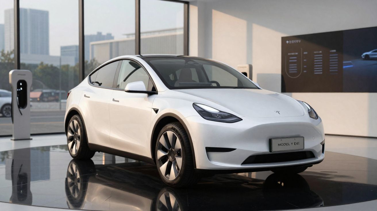 Carro elétrico Tesla Model Y branco exposto numa sala moderna com painel digital e estação de carregamento.