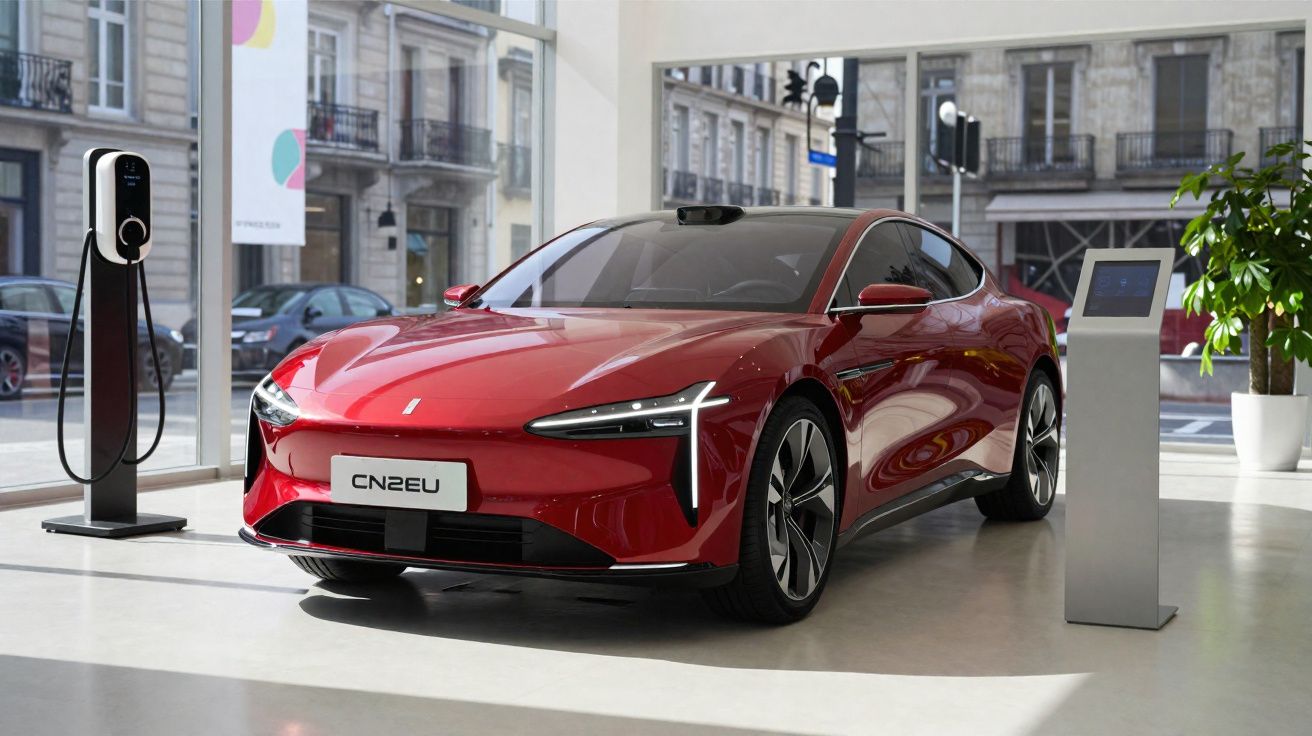 Carro elétrico vermelho moderno exposto em showroom com estação de carregamento e painel digital ao lado.