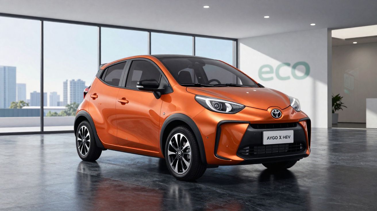 Carro Toyota Aygo X HEV laranja estacionado em espaço interior com iluminação natural e letreiro eco na parede.