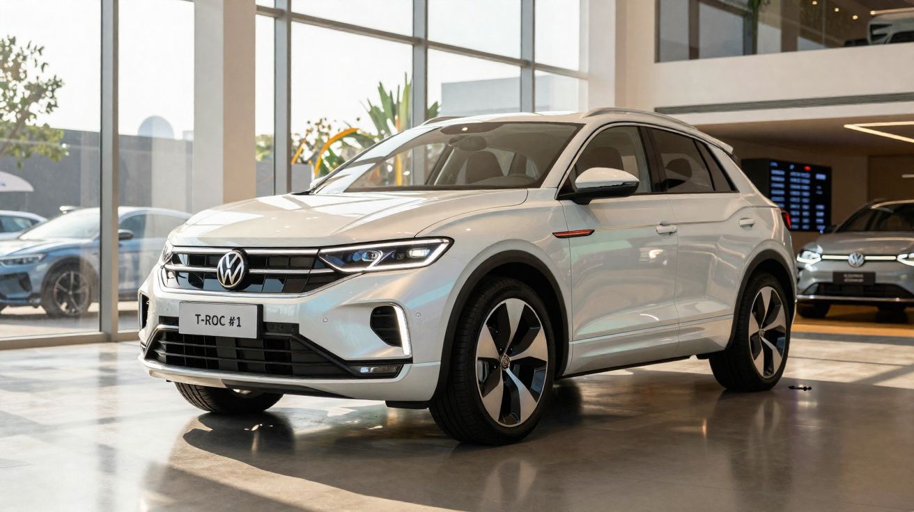Carro Volkswagen T-Roc branco estacionado dentro de uma loja moderna com janelas grandes.