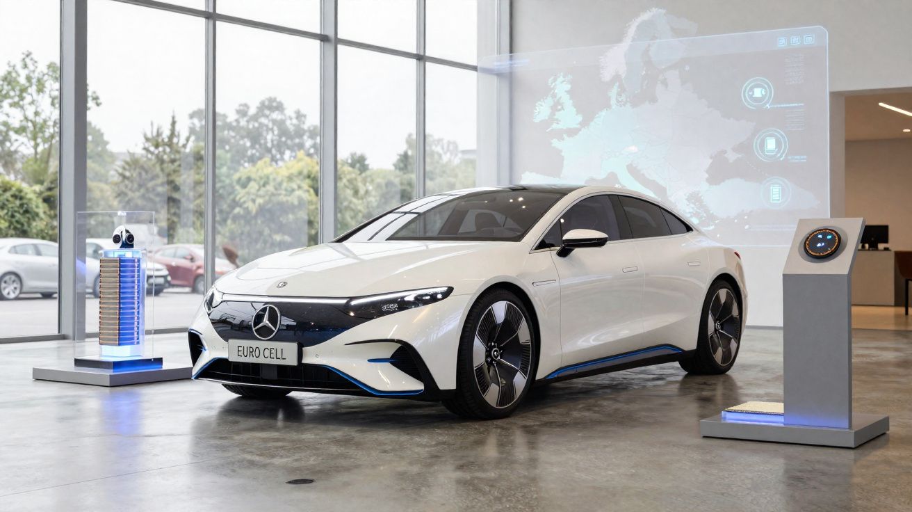 Carro elétrico branco Mercedes-Benz EURO CELL em exposição numa sala moderna com janelas grandes.