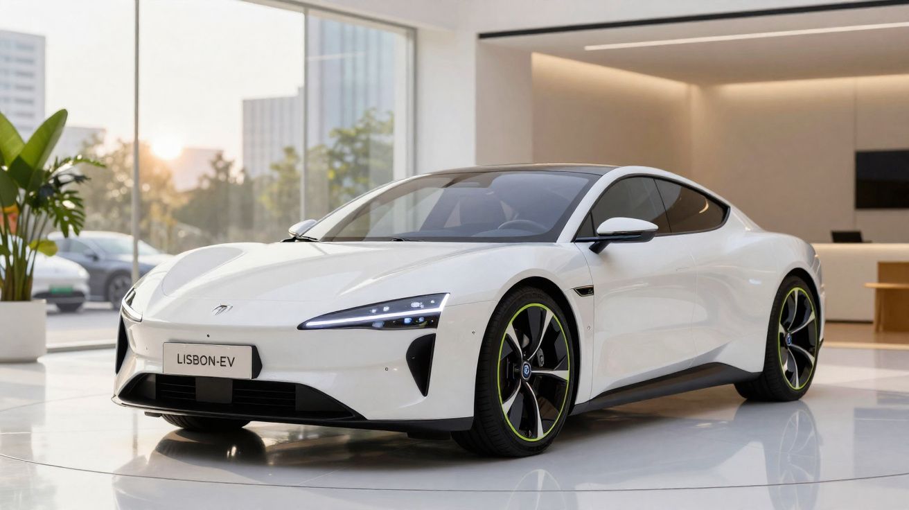 Carro elétrico branco com design desportivo em exposição interior moderna com grandes janelas.