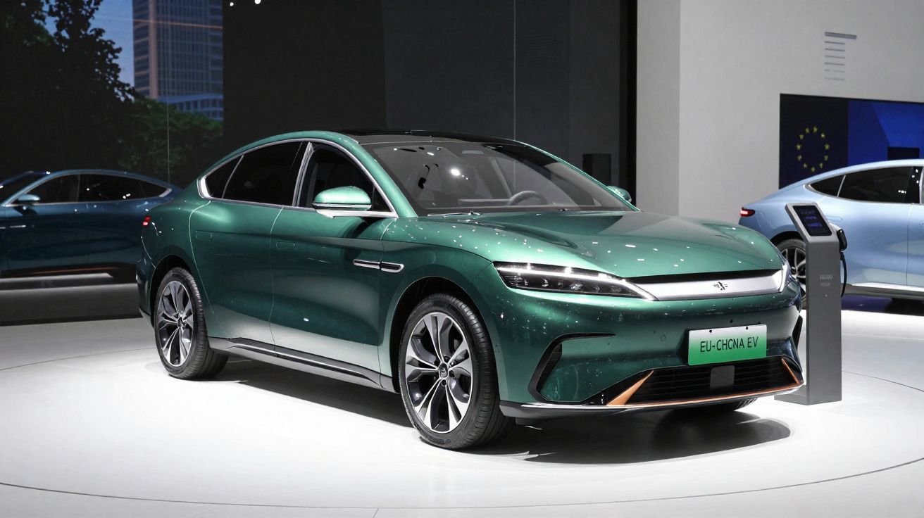 Automóvel elétrico de luxo verde exposto em salão automóvel com placa EU-CHINA EV.