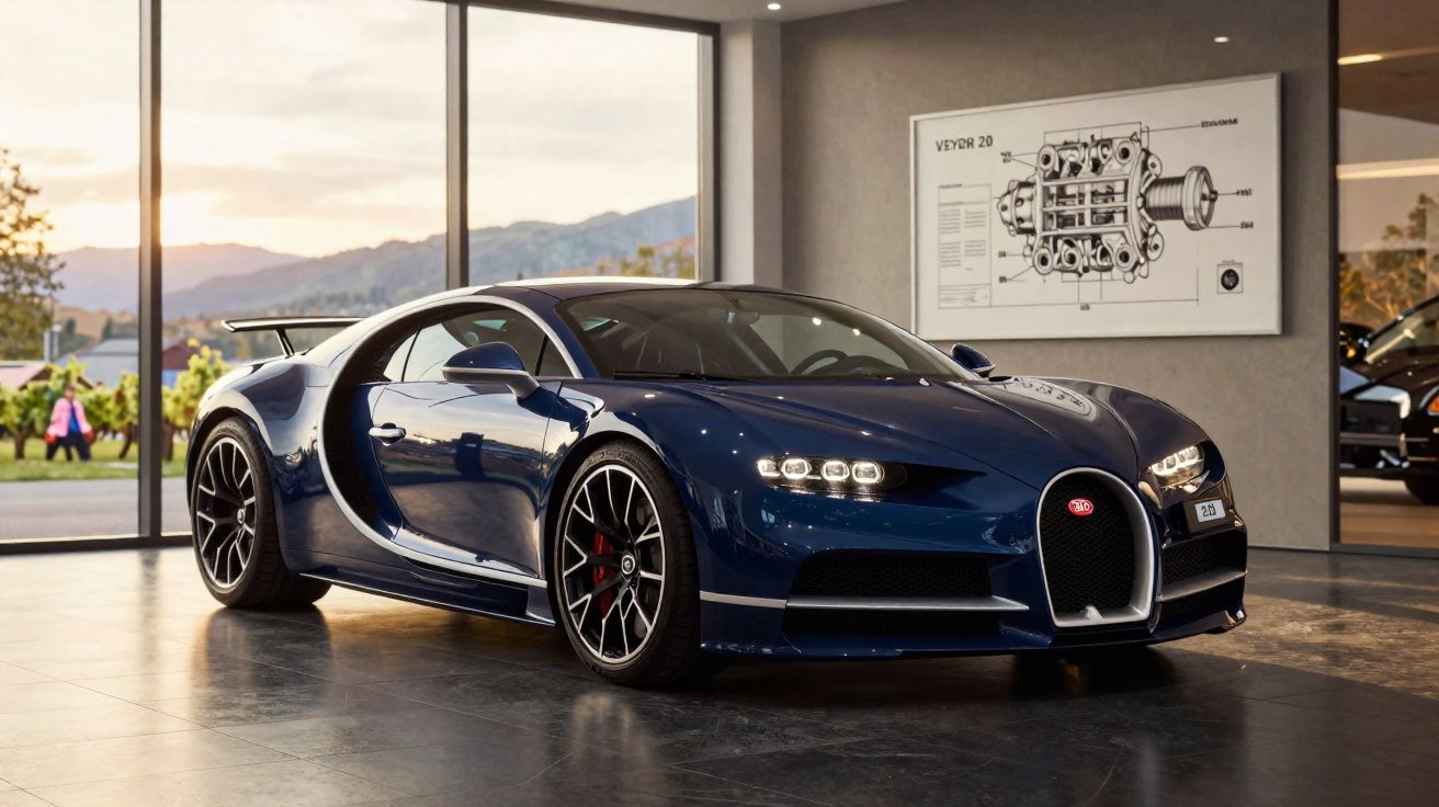 Automóvel desportivo azul Bugatti Chiron estacionado em loja moderna com janelas amplas e quadro técnico na parede.