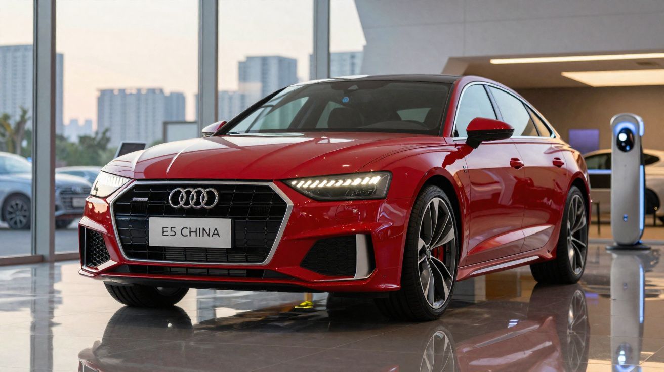 Automóvel Audi vermelho modelo E5 China, exposto em showroom moderno com vidros grandes.