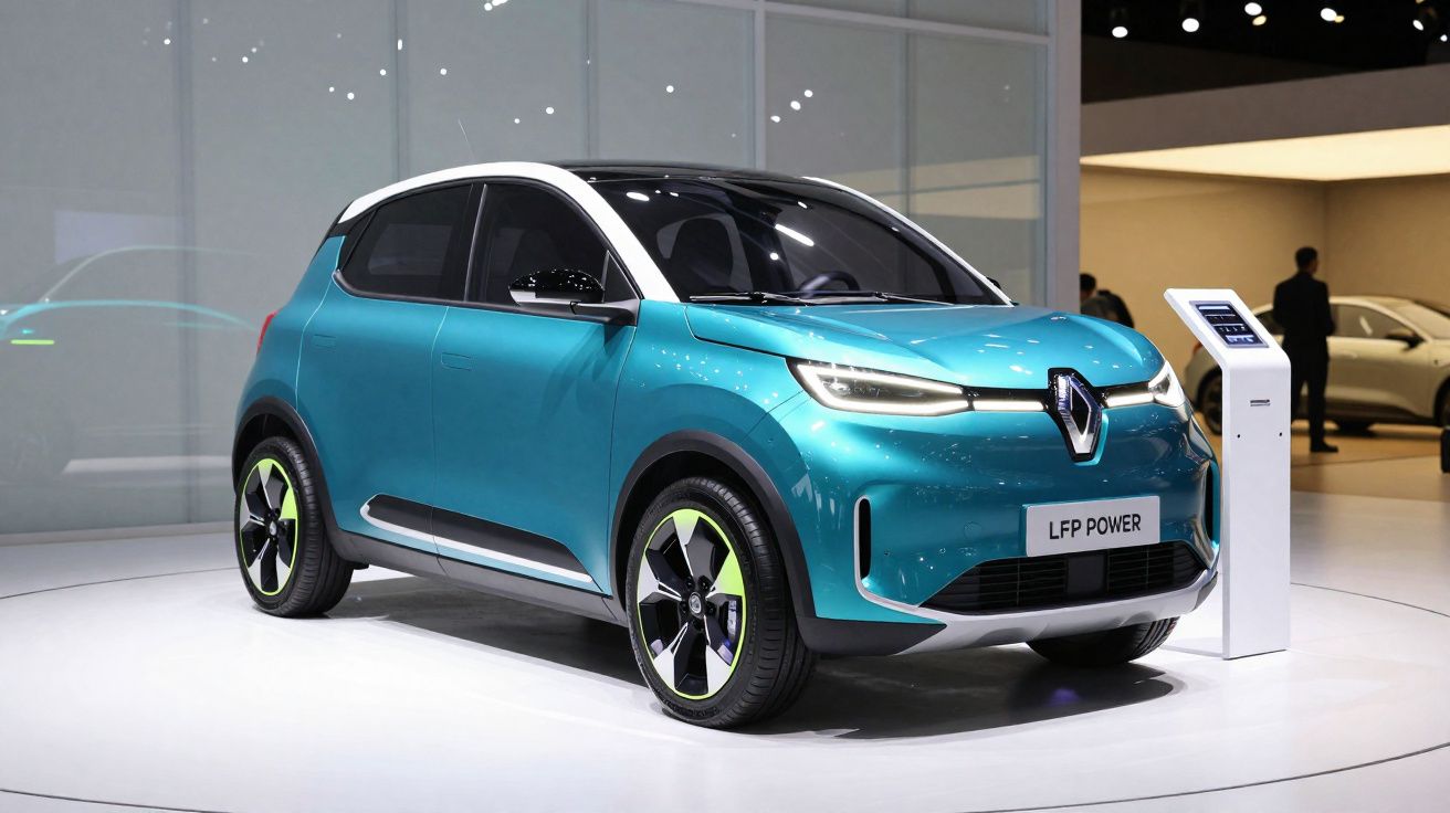 Carro elétrico compacto Renault LFP Power azul e branco exposto em showroom moderno.