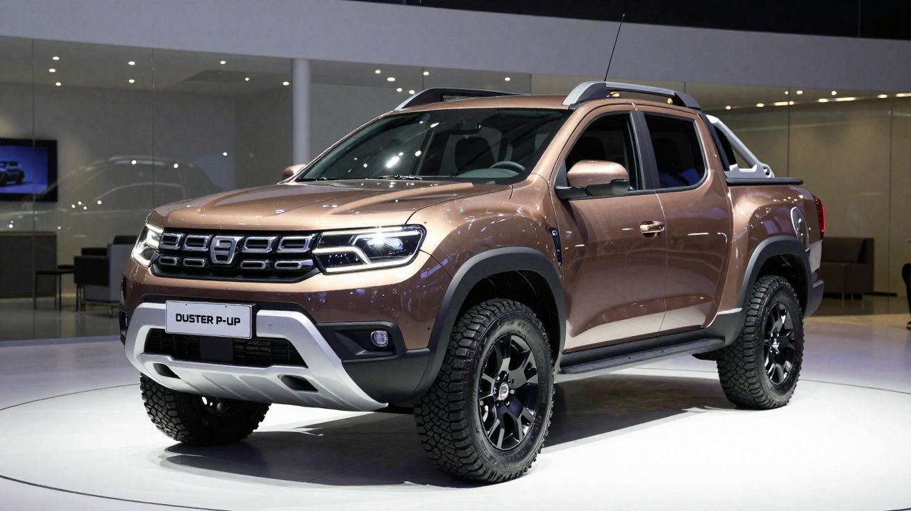 Picape Dacia Duster P-Up castanha em exposição num salão automóvel.
