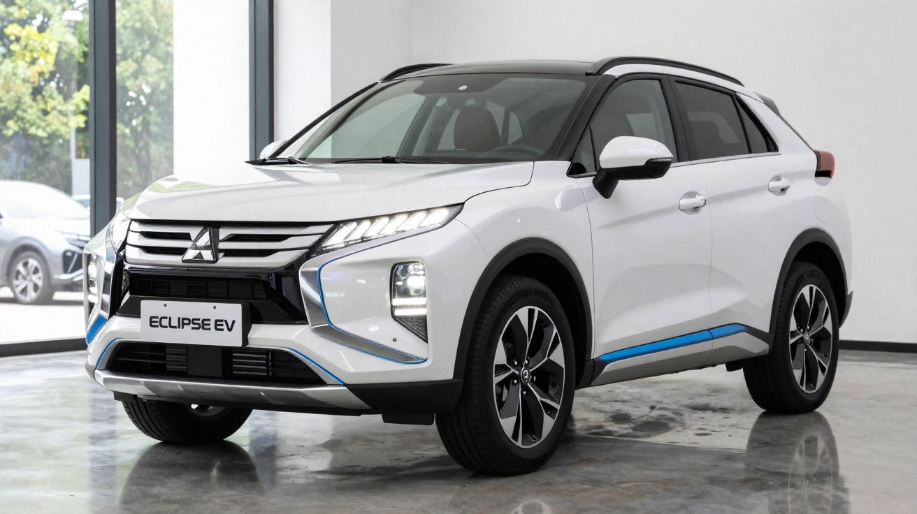 Carro elétrico Mitsubishi Eclipse EV branco exposto em sala com chão cinza polido.