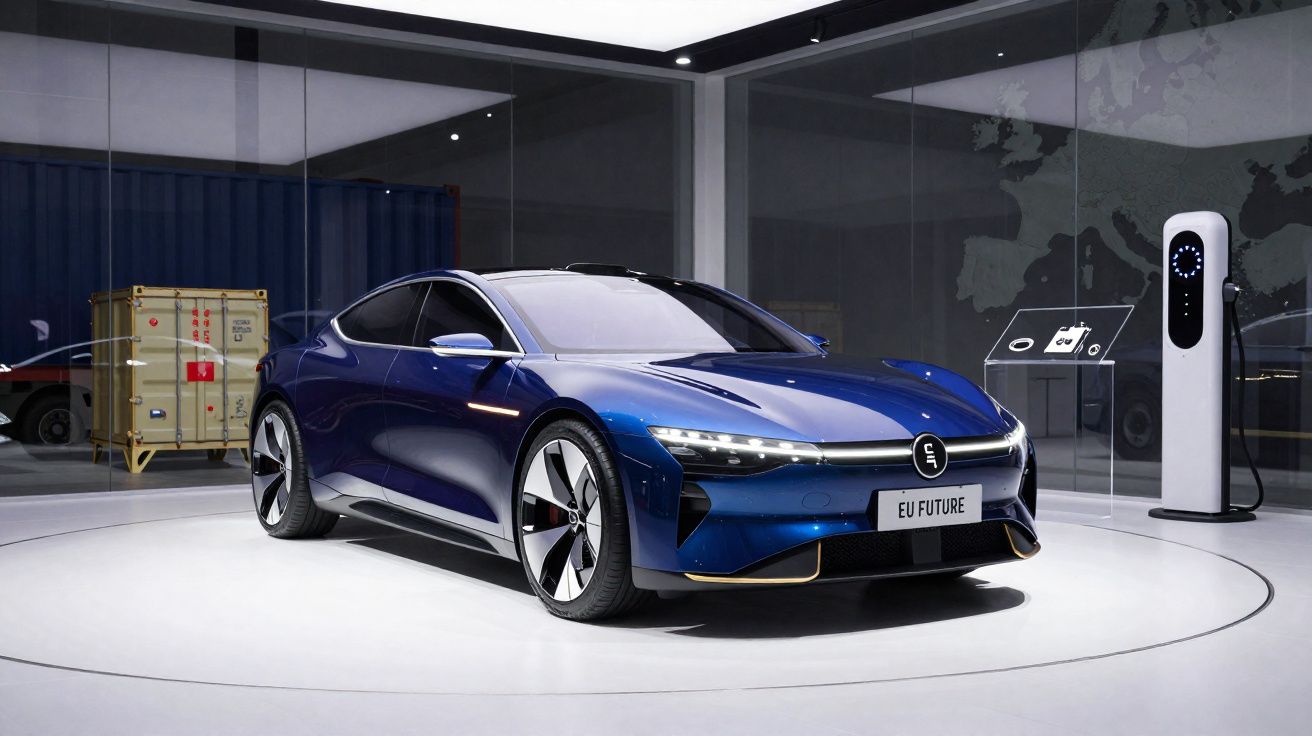 Carro elétrico azul futurista num espaço moderno com posto de carregamento e caixa de transporte atrás.