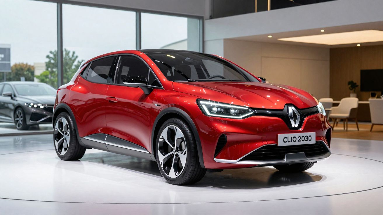Automóvel vermelho Renault Clio 2030 exposto num salão moderno com janelas grandes e iluminação interior.
