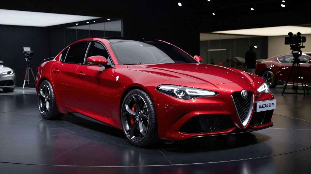 Automóvel Alfa Romeo Giulia Quadrifoglio vermelho com design desportivo exposto em sala moderna.