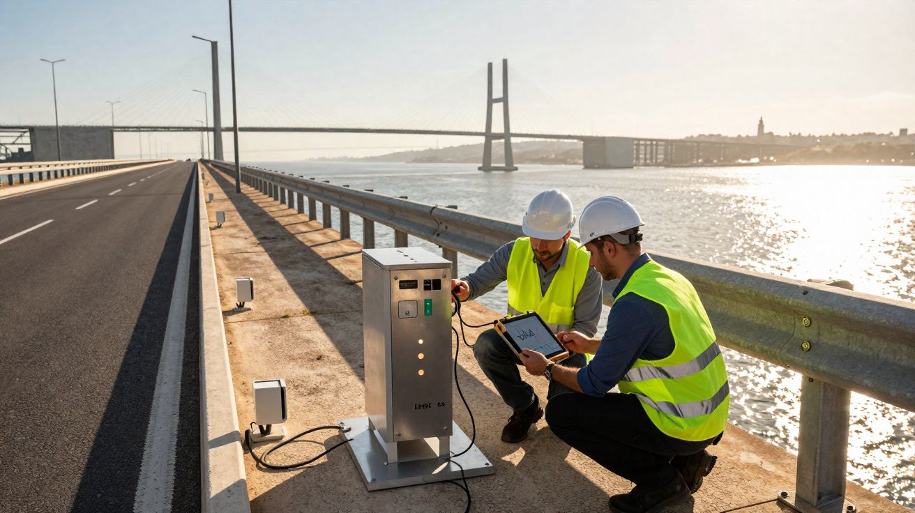 Dois técnicos em coletes refletores e capacetes fazem medições junto a equipamento na berma de uma ponte sobre rio ao pôr do 