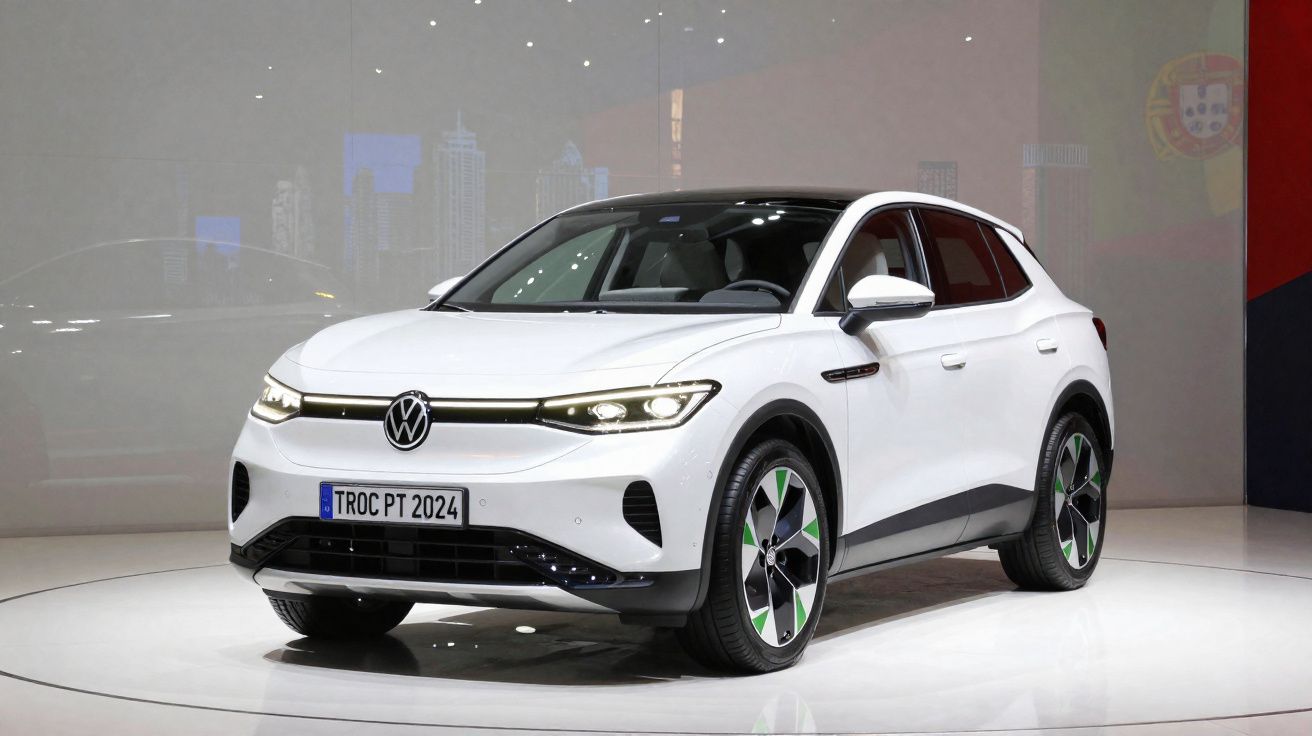 Volkswagen T-Roc 2024 branco em exposição com detalhes em preto e verde, faróis LED acesos.