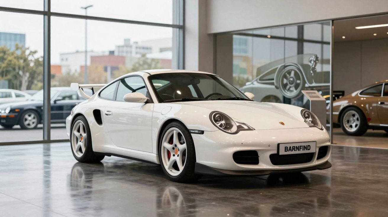 Carro desportivo Porsche branco em exposição num espaço moderno com chão de cimento polido.