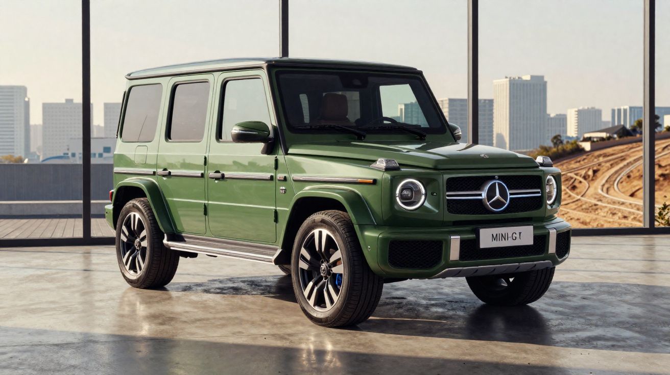 Veículo Mercedes-Benz G-Class verde estacionado em interior moderno com janelas panorâmicas.