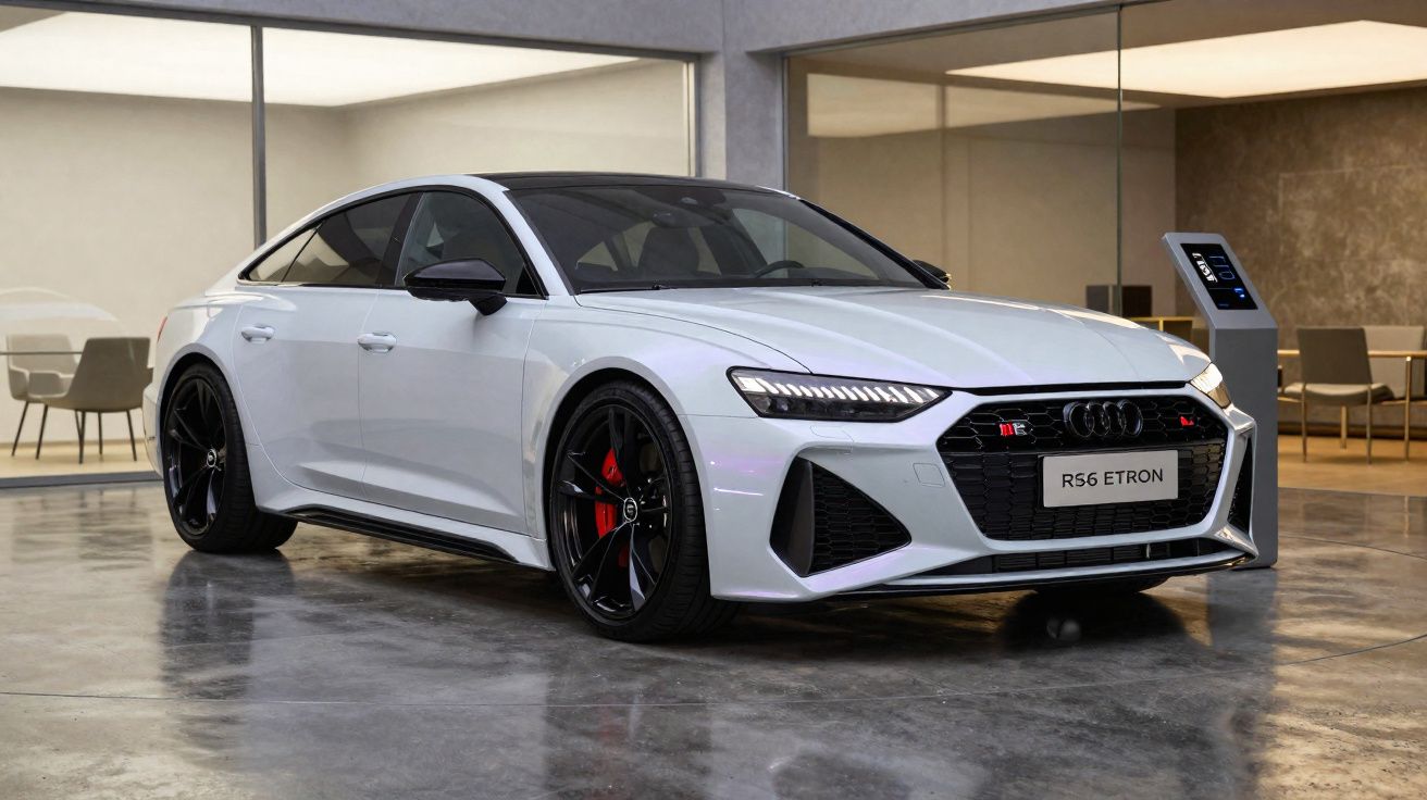Carro Audi RS6 Etron branco estacionado em piso brilhante, com jantes pretas e travões vermelhos.
