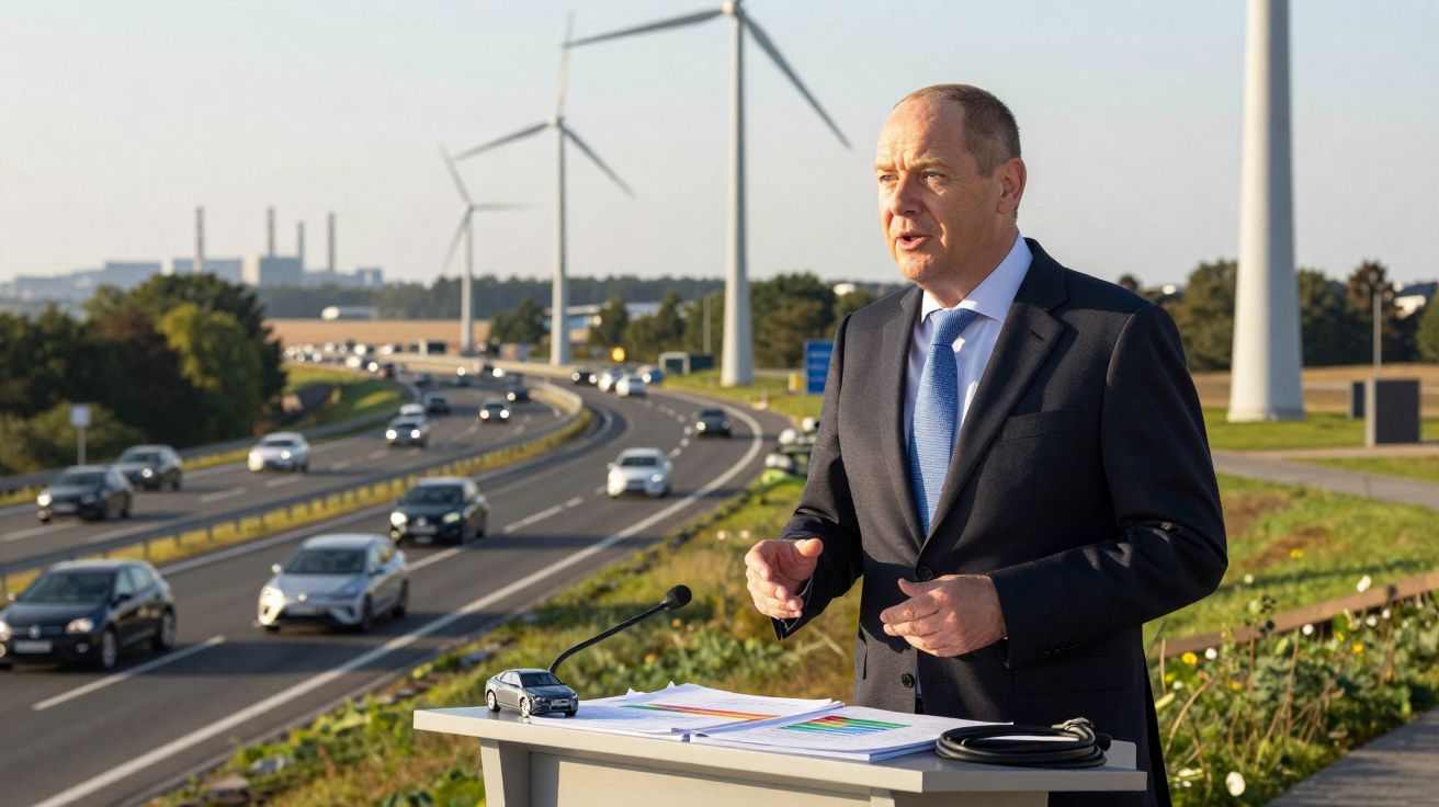 Homem em fato a discursar junto a estrada com carros e turbinas eólicas ao fundo ao pôr do sol.
