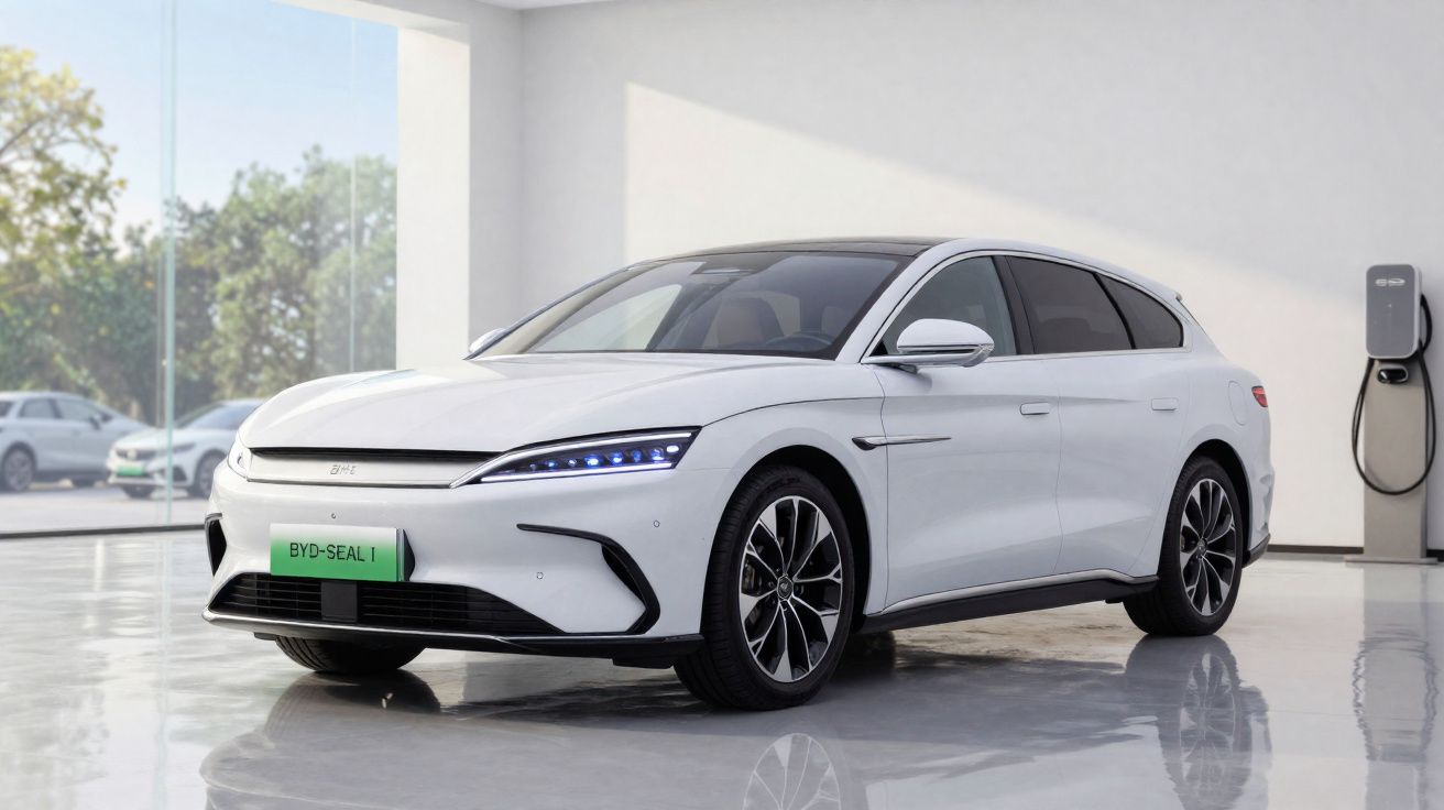 Carro elétrico branco BYD Seal I estacionado num ambiente interior moderno com carregador à direita.