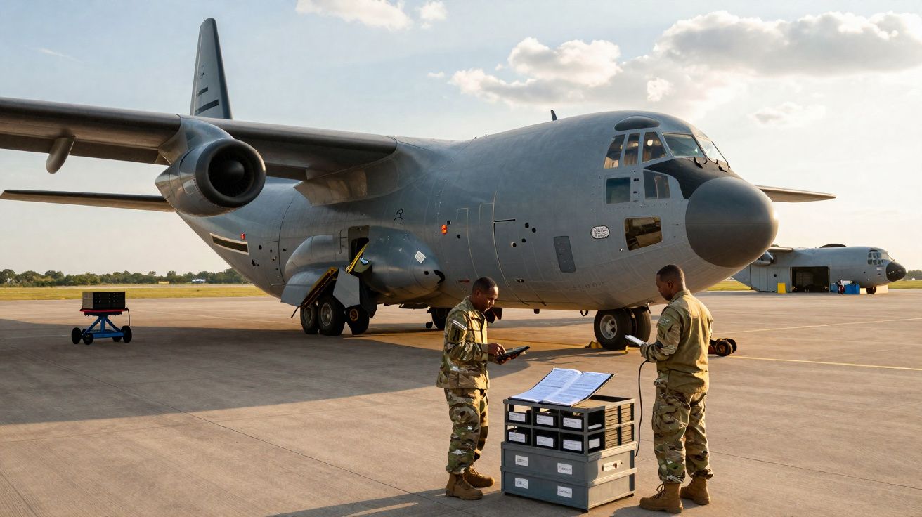 Dois militares em uniforme montam equipamento junto a avião militar estacionado numa pista de aeroporto.