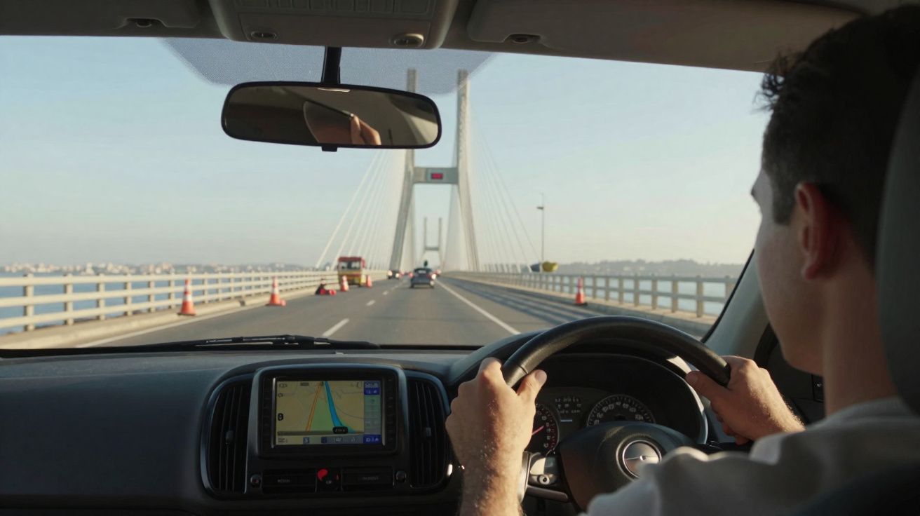 Homem a conduzir carro numa ponte suspensa com GPS visível no painel do veículo.
