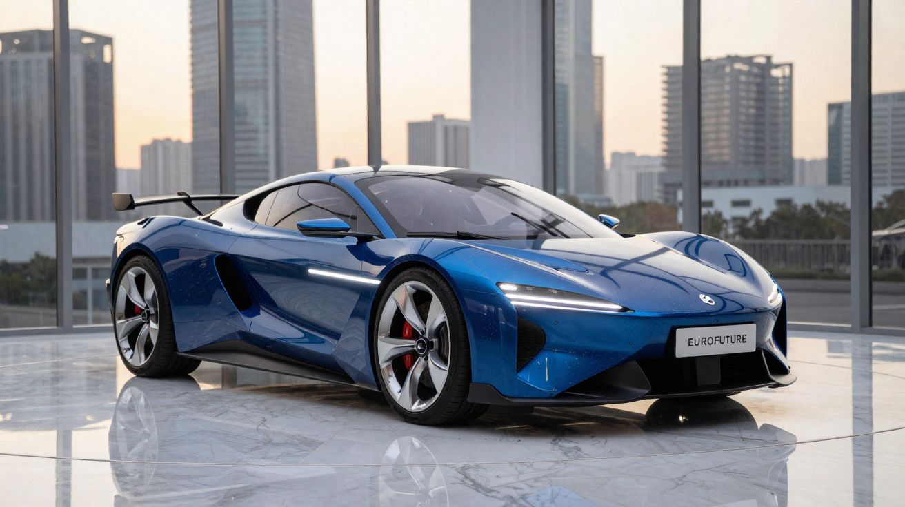 Carro desportivo elétrico azul Eurofuture estacionado em piso de mármore com janelas e edifícios ao fundo.