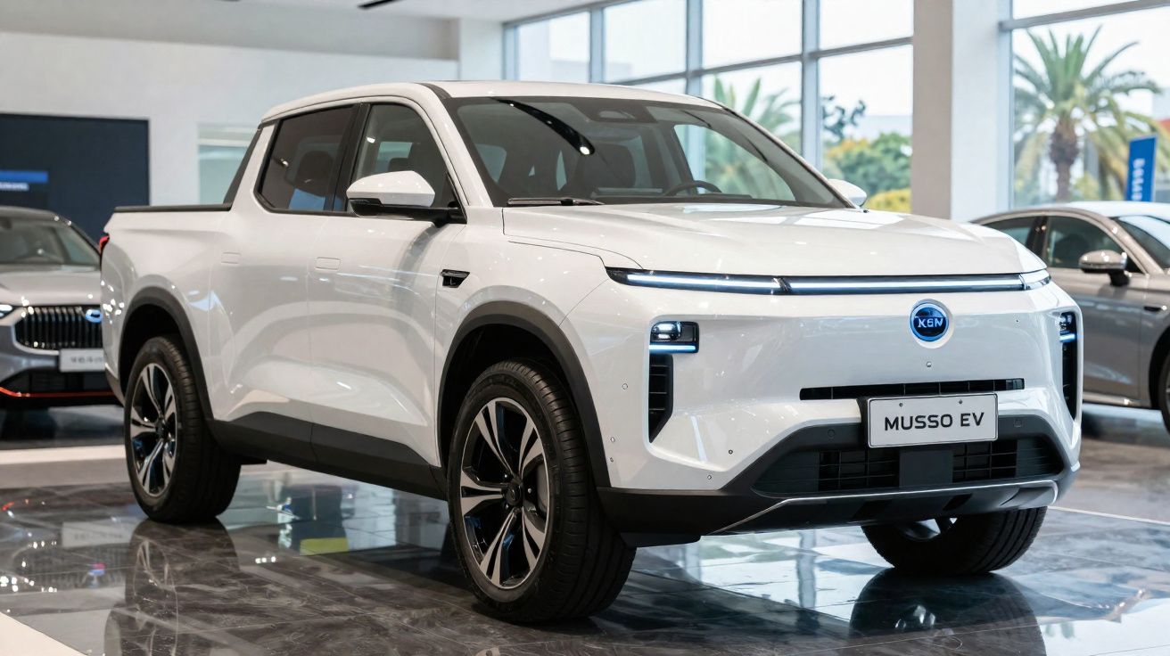 Picape elétrica branca XEN Musso EV estacionada em salão de automóveis moderno.