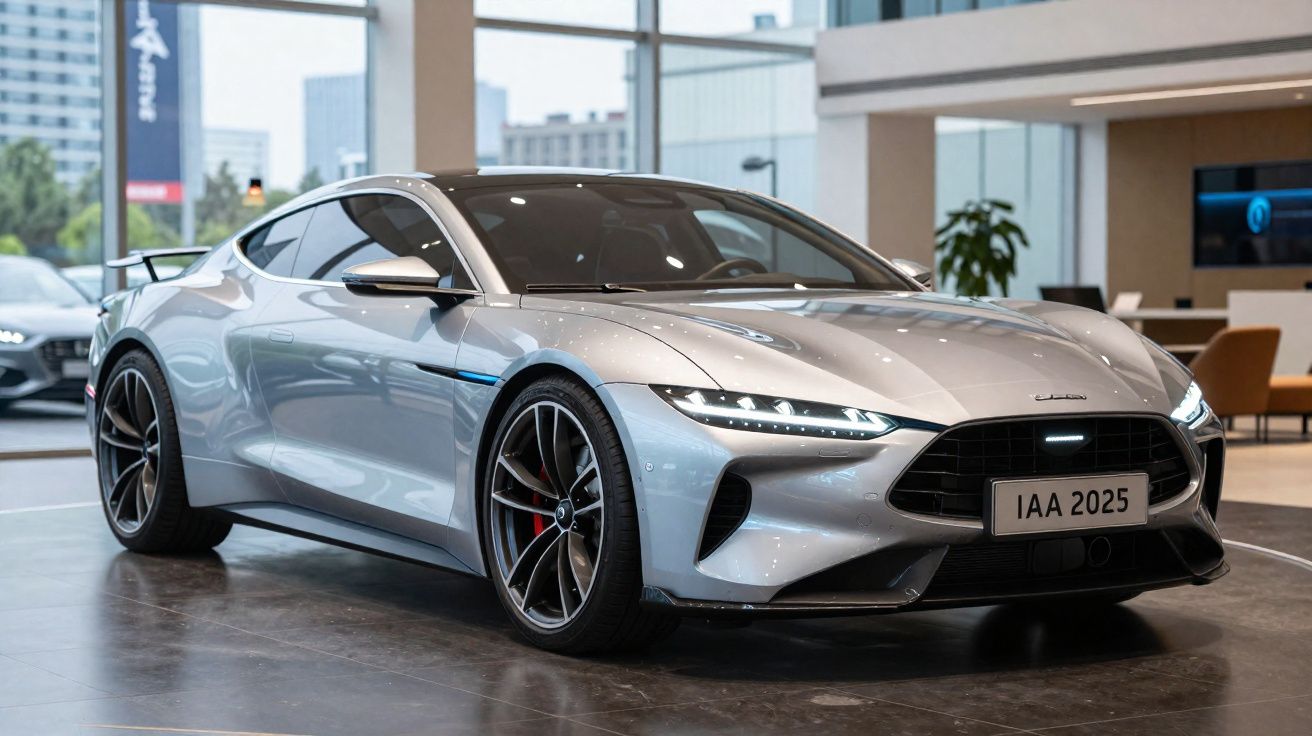 Carro desportivo prateado com design moderno e faróis LED exposto num showroom.