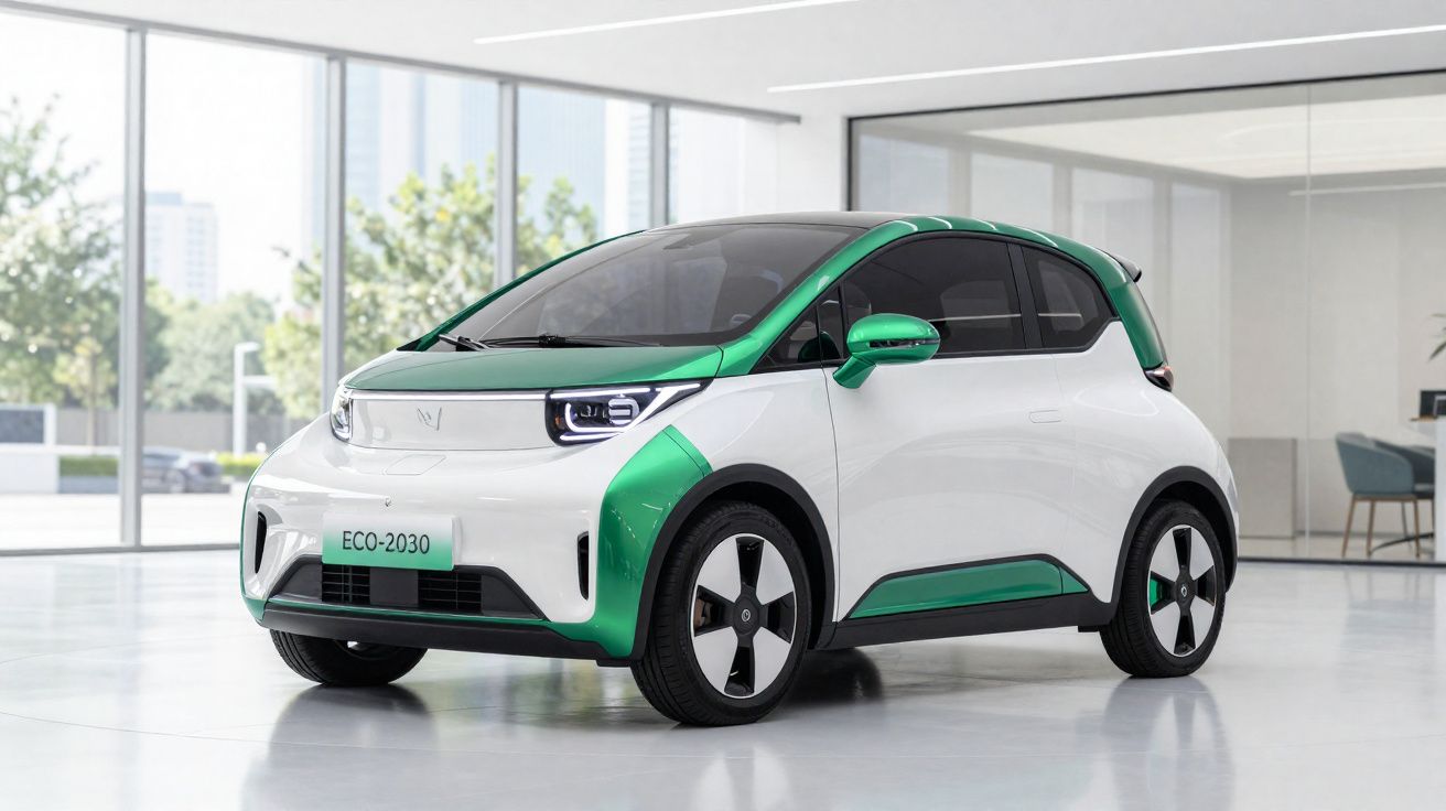 Carro elétrico compacto branco e verde num espaço interior moderno com janelas grandes.