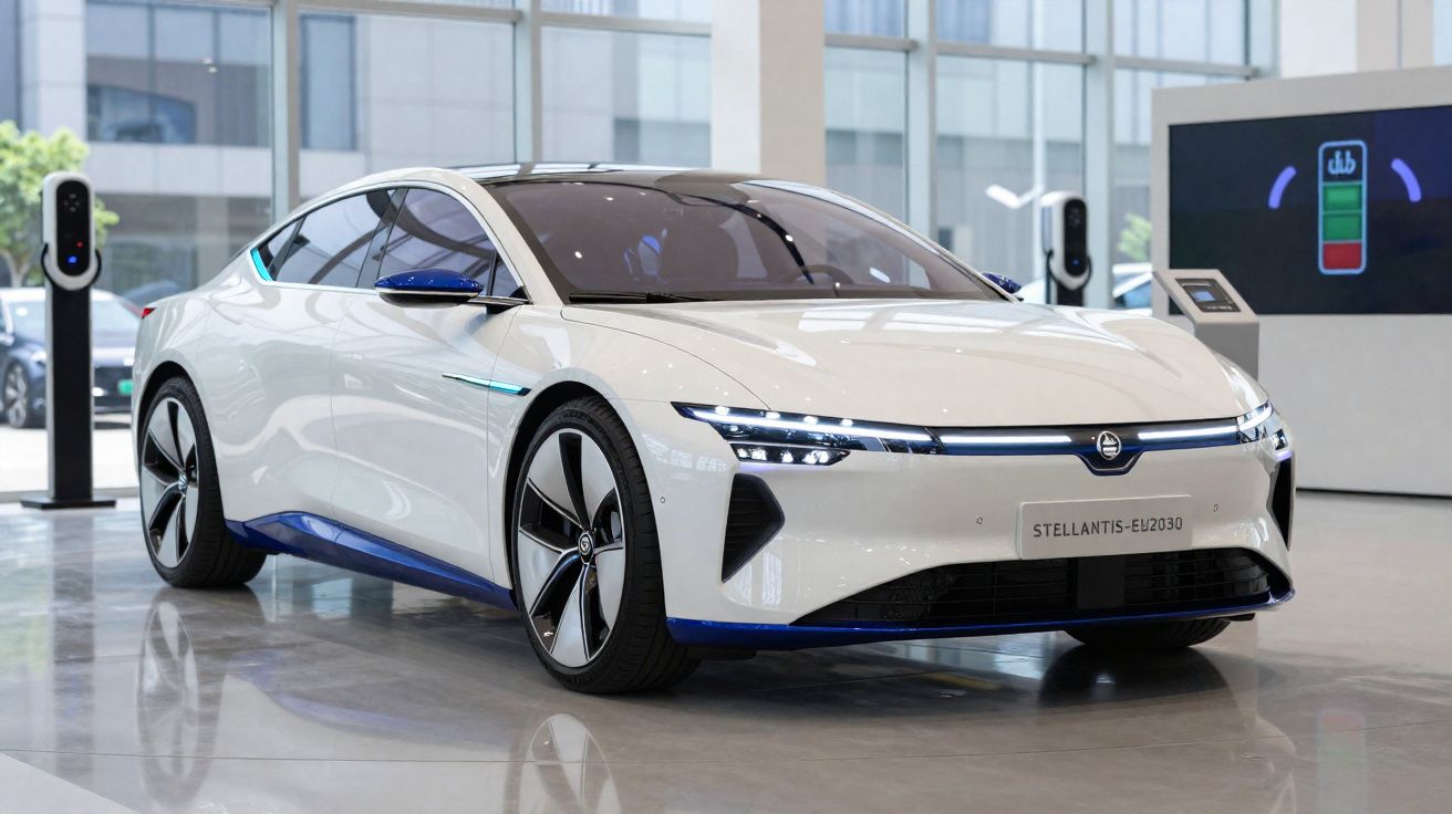 Carro elétrico branco com detalhes azuis a ser carregado numa estação de carregamento interior.