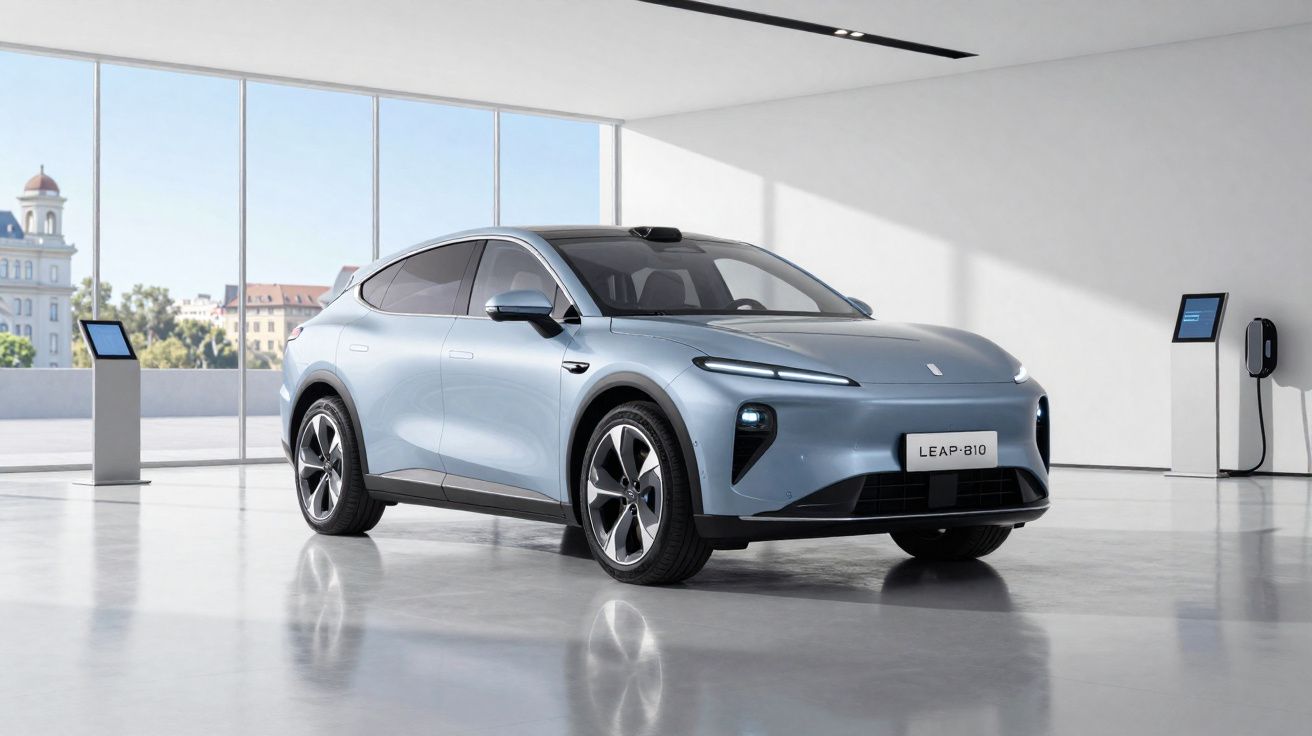 Carro elétrico azul LEAP-810 estacionado num espaço interior luminoso com janelas amplas.