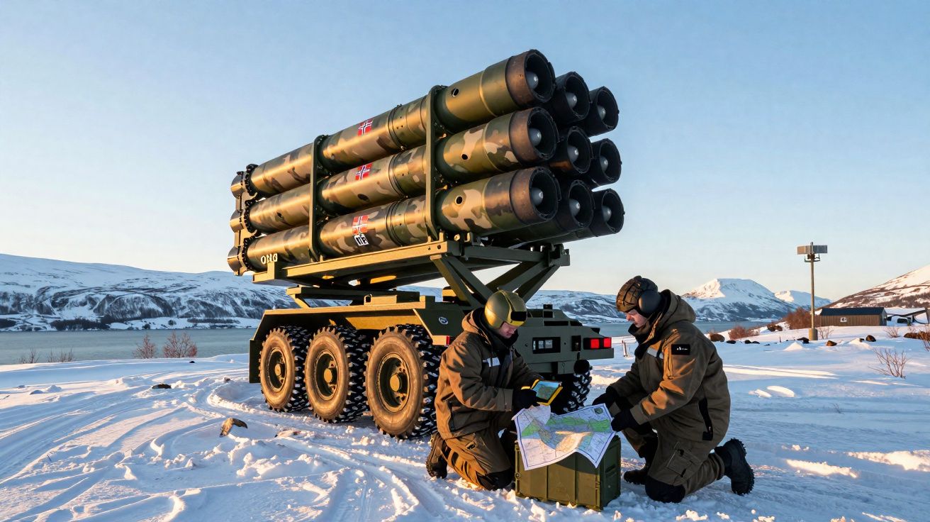 Veículo militar com lançadores de mísseis em paisagem nevada, com dois soldados a consultar um mapa.