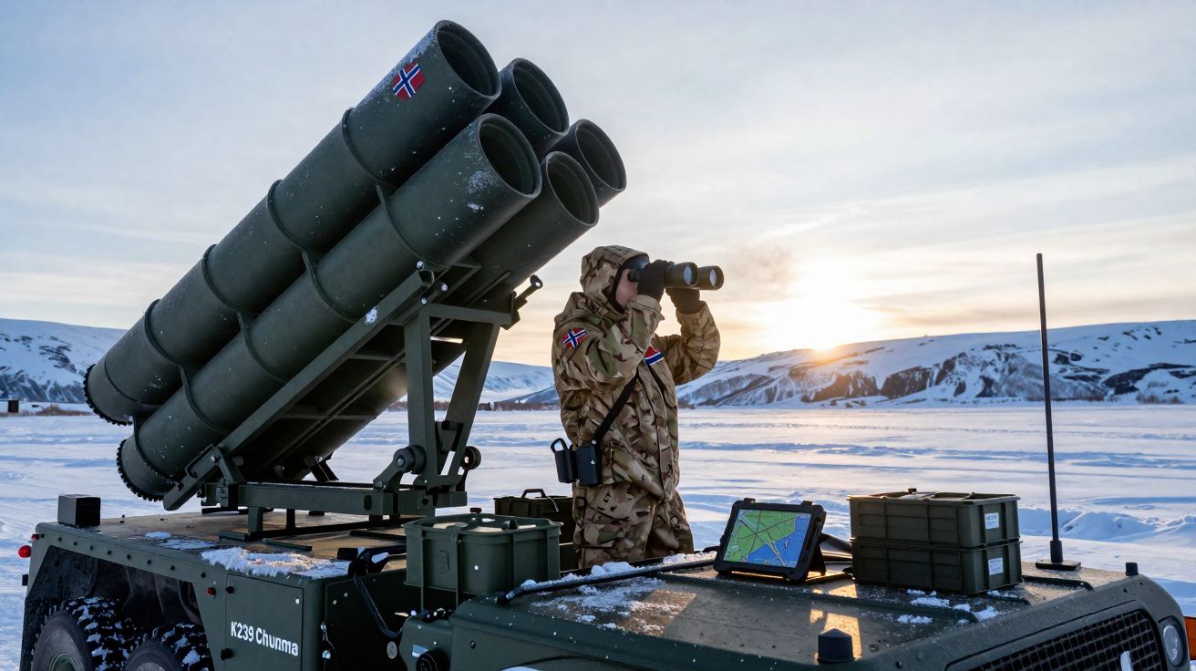 Soldado norueguês em uniforme militar observa com binóculos ao lado de veículo equipado com lançador de mísseis em região nev