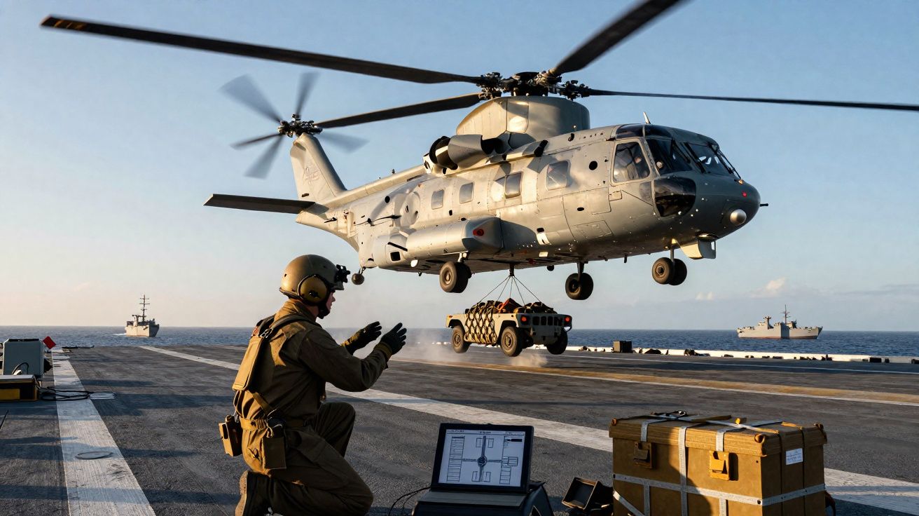 Helicóptero militar a levantar um jipe de um navio, com soldado a guiar a operação no convés.