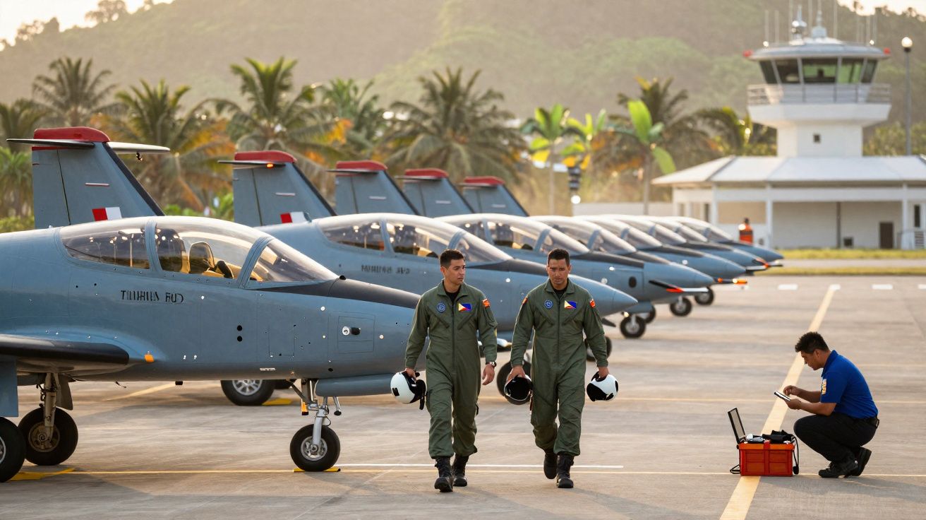 Duas pessoas em fato de voo a caminhar junto a fila de aviões militares estacionados num aeroporto com torre de controlo.