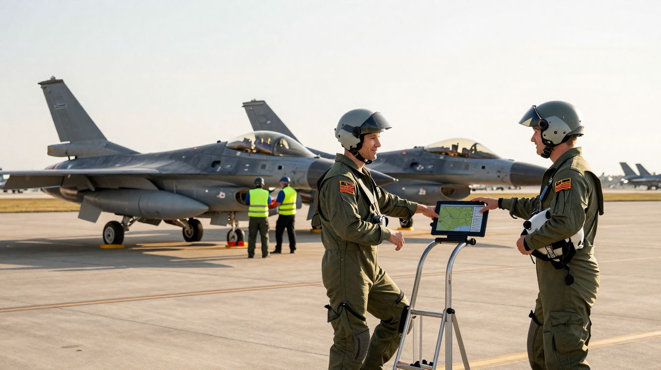 Dois pilotos militares em uniforme e capacete junto a um ecrã digital numa pista com caças ao fundo.