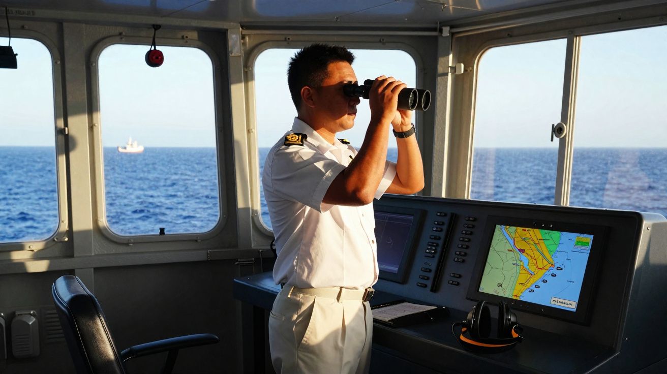 Homem vestido de farda branca observa o mar através de binóculos na ponte de comando de um navio.