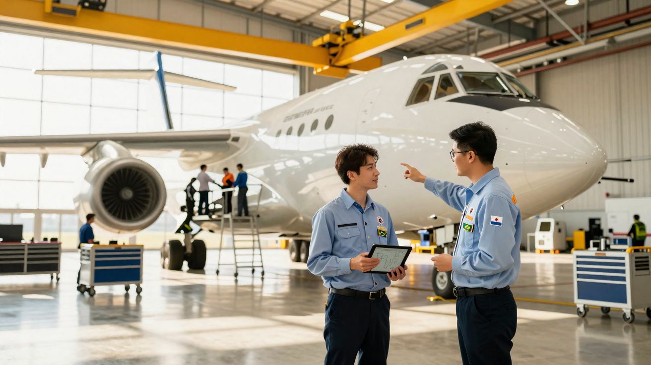 Dois técnicos em uniforme azul conversam junto a um avião branco numa hangar de manutenção.