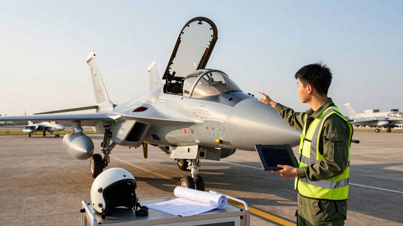 Técnico militar asiático com colete refletor inspeciona caça moderno estacionado num aeroporto militar ao amanhecer.