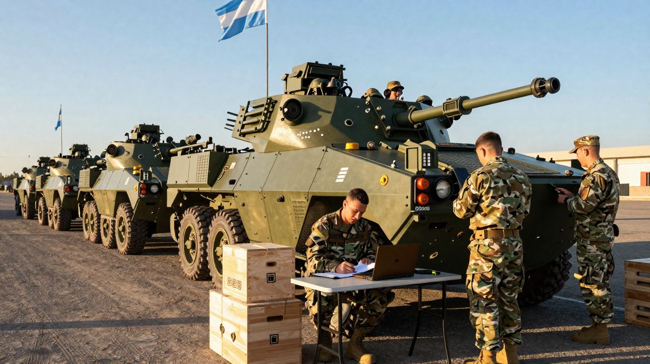 Soldados em uniformes camuflados junto a veículos blindados militares com bandeira azul e branca ao fundo.