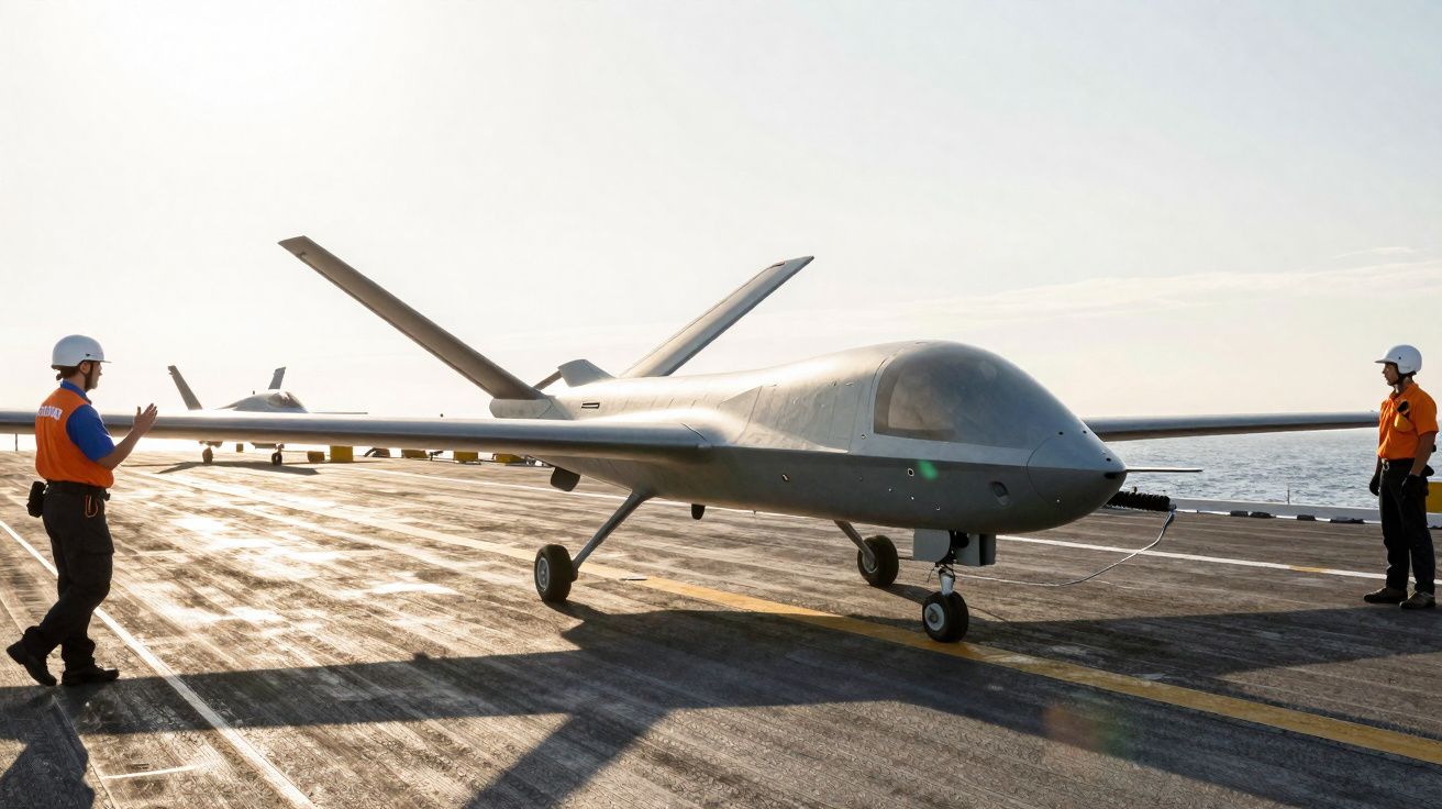 Drone militar cinzento na pista com dois técnicos em segurança e mar ao fundo ao pôr do sol.